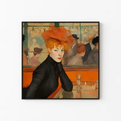 Toulouse-Lautrec Style Portrait Print, Redhead Woman in Bar, Post-Impressionism Wall Art