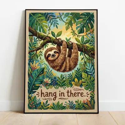 Cute Sloth Print Naive Art Style Hanging on Tree Hang in there