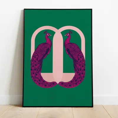 Boho Peacock Art Wall Decor Green and Pink Peacock Feather Poster Print Bohemian