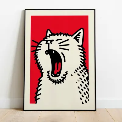 Yawning Cat Art Print Sketch Animal Poster Digital Download and Framed