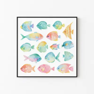Tropical Fish Clipart Watercolor Soft Minimal Digital Download Framed Poster