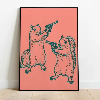 Two Squirrels Holding Handguns AR-23 Simple Drawing Art Print Framed or Digital Download