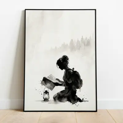 Art Print Poster Hiker Lantern Watercolor Minimalist Black White Wall Art