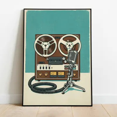 Poster Art Print Reel to Reel Tape Recorder Microphone Vintage Music Motif Wall Art Retro Design