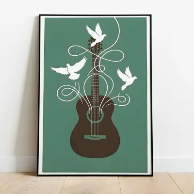 Guitar Art Print Minimalist Green-Blue Music Motif Matte Paper Poster