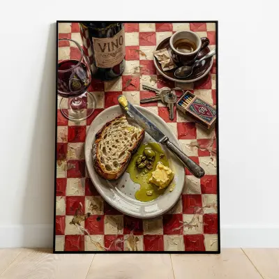 Italian Kitchen Poster Oil Painting Bread Wine Sourdough Espresso Art
