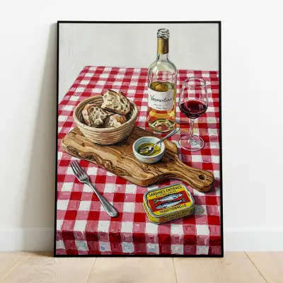Italian Bistro Art Print Rustic Sourdough Sardines Red and White Tablecloth Wine Wall Art