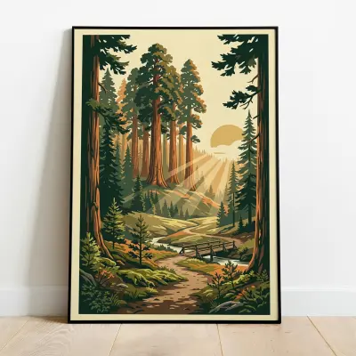 Poster Sequoia Forest Mammoth Tree Illustration Vintage Screen Print Style Woodland Landscape