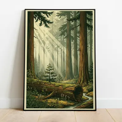 Vintage Redwood Forest Log Poster Retro Travel Illustration Screen Print Style