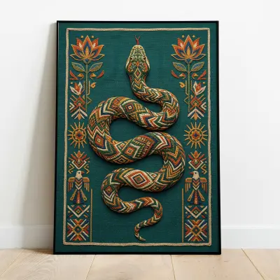 Folk Art Snake Art Print Woven Textile Look Boho Wall Decor