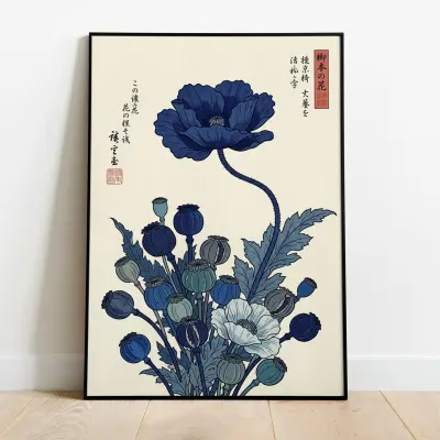 Japanese Woodblock Print Ukiyo-E Deep Indigo Poppy Flower Botanical Art Poster Washi Paper