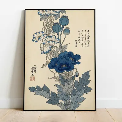 Japanese Woodblock Print Cascading Blue Poppy Flowers Ukiyo-e Botanical Wall Art