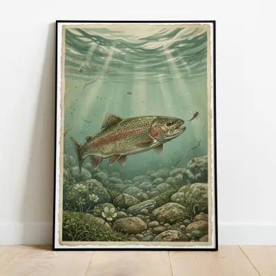 Rainbow Trout Underwater Nature Illustration Vintage Fly Fishing Art Print