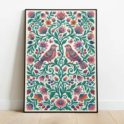 Botanical Folk Art Print, Traditional Mexican Floral Pattern with Birds, Colorful Wall Art