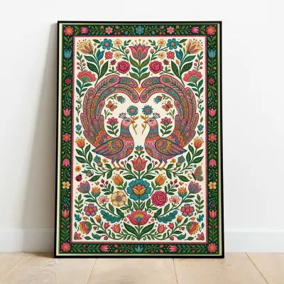 Botanical Folk Art Poster Symmetrical Bird Print Colorful Wall Art