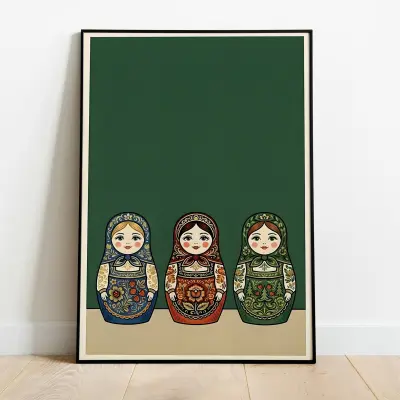 Minimalist Woodblock Art Print Three Matryoshka Kokeshi Dolls Emerald Green