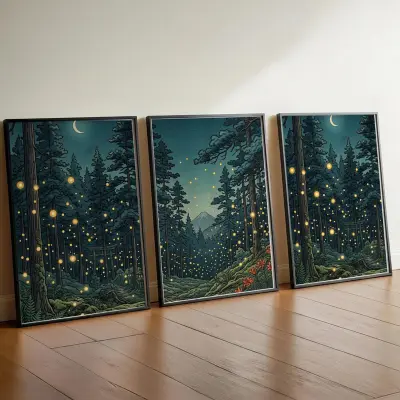 Set of 3 Art Prints Mystical Night Forest Ukiyo-e Style