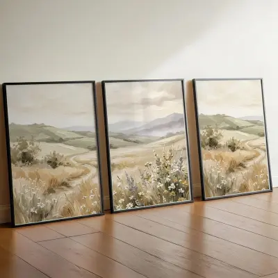 Triptych Art Print Set Abstract Countryside Landscape Oil Painting Style