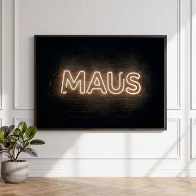 Poster MAUS neon logo lettering on a black brick wall, warm white light