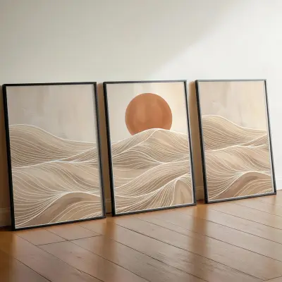 Set of 3 Art Prints Minimalist Desert Landscape Abstract Lines Terracotta Sun