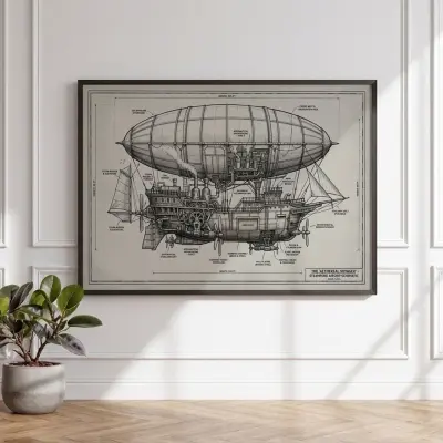 Poster Victorian Steampunk Airship Detailed Ink and Wash Drawing Patent Sketch Vintage Engineering Art