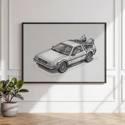 Art Print DeLorean Time Machine Technical Black and White Illustration Automotive Art