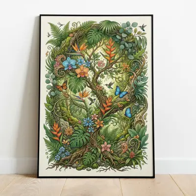 Biophilic Art Print Nature Design Botanical Poster Wall Art Natural World Forest Scene Leaves Illustration Green Plants