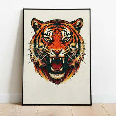 Risograph Poster Roaring Tiger Meow Art Print Retro 80s Style Animal