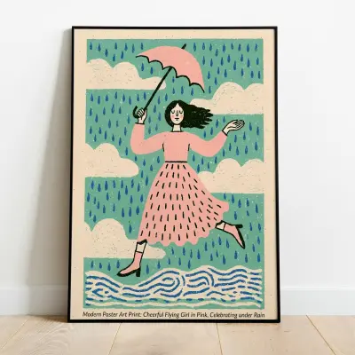 Poster Art Print Modern Illustration Girl Pink Jumper Skirt Flying Umbrella Raining Sky Happy Celebration