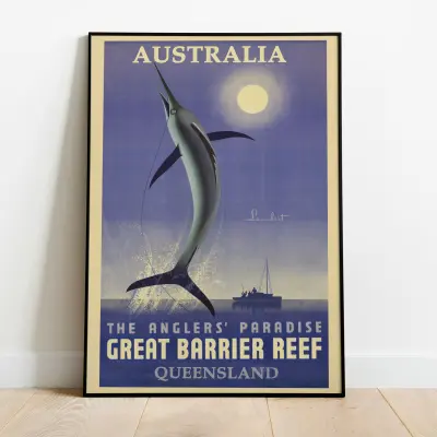 Vintage Angler Poster Australia Great Barrier Reef Queensland Travel Art
