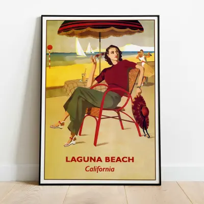 Poster Print California Travel Poster Vintage Mid-Century Retro Style Sunset Palm Tree Beach