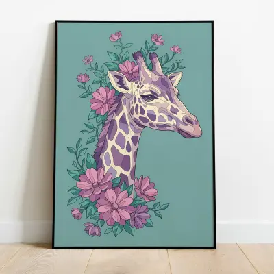 Paint by Numbers Style Art Print Purple Giraffe Floral Teal Illustration