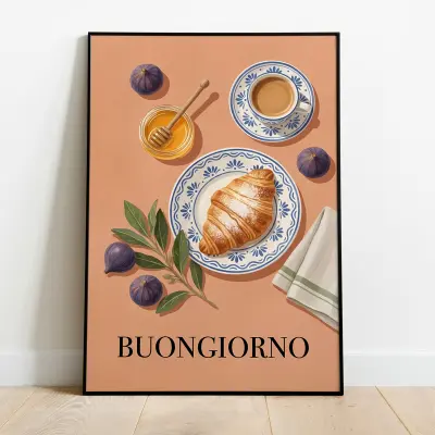 Poster Mediterranean Breakfast Illustration Croissant Honey Buongiorno Text Art Print