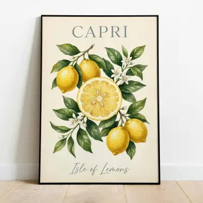 Botanical Art Print Capri Lemons Vintage Watercolor Poster