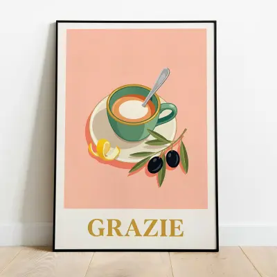 Italian Coffee Poster Retro Print 'GRAZIE' Espresso Cup Olives