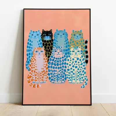 Modern Illustration A Row Of 5 Cats Sitting Poster