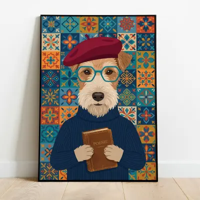Art Print Wire Fox Terrier Poet Portrait Illustration Flat Design with Beret and Glasses