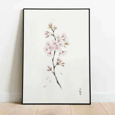 Minimalist Japanese Cherry Blossom Branch Art Print Zen Sakura Flower Poster Watercolor Nature
