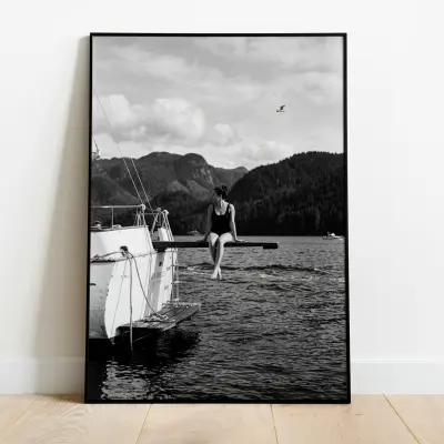 Photography Art Print Woman on Yacht Diving Board Black and White Wall Art Poster