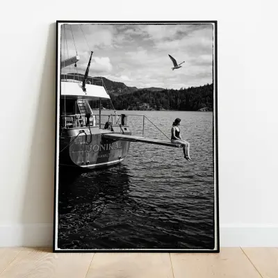 Poster Woman on Yacht Diving Board Mediterranean Photo Black and White Art Print