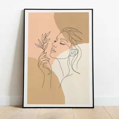 Minimalist Line Art Poster Woman with Olive Branch and Abstract Shapes