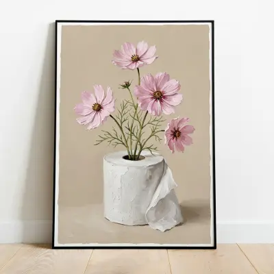 Art print still life toilet paper roll with pink cosmos flowers impasto style