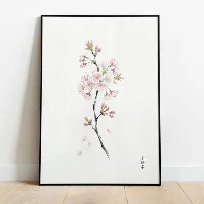 Minimalist Japanese Cherry Blossom Branch Art Print Zen Sakura Flower Poster Watercolor Nature