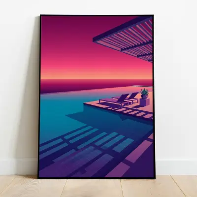 Hiroshi Nagai style infinity pool print with minimalist beach sunset