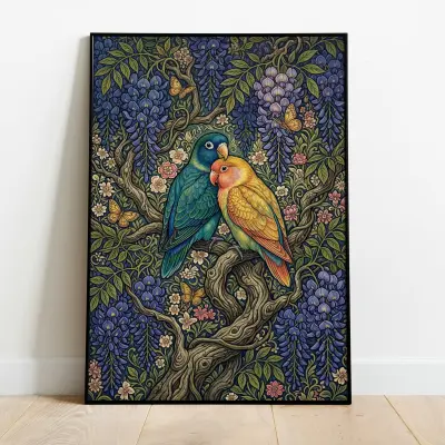 Arts and Crafts Art Print Lovebirds Wisteria Branch