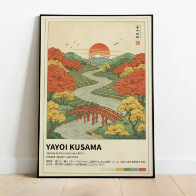 Yayoi Kusama Japandi Art Print Japanese Autumn Landscape River and Bridge Poster