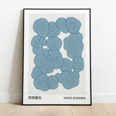 Framed Yayoi Kusama Fine Art Print Blue Infinity Nets Wooden Frame Japanese Wall Art