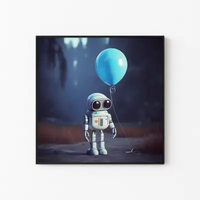Poster Lonely Sad Cute Robot Holding Balloon Animated Movie Style Art Print