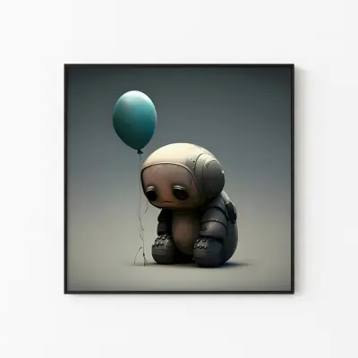 Poster Lonely Sad Cute Robot With Balloon In Animated Movie Style
