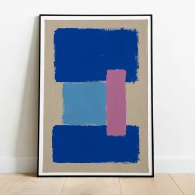 Abstract Art Print Blue Pink Geometric Color Field Minimalist Poster Linen Texture